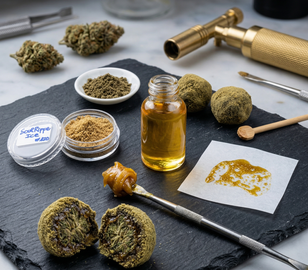 Varios tipos de concentrados de cannabis sobre pizarra: bubble hash SourRipper Ice, aceite, rosin en pergamino, BHO en dab tool y moon rocks cortados junto a cogollos y utensilio de dabbing