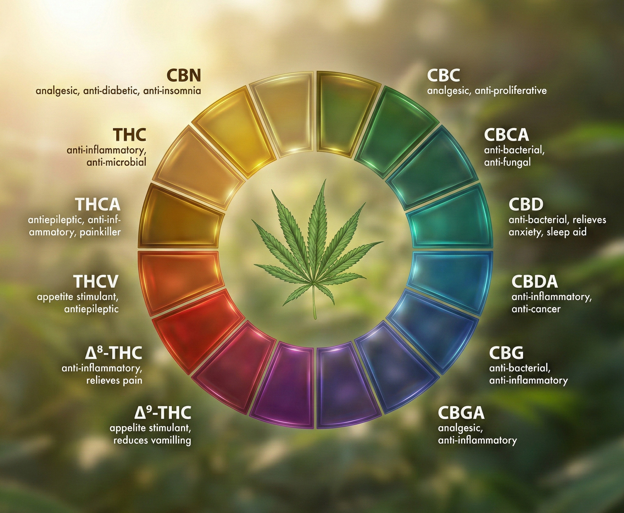 Rueda de fitocannabinoides listando sus principales propiedades terapéuticas